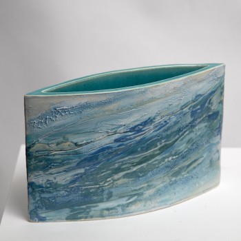 Helen Michie blue tidleline vessel earthenware ceramic slips glazes 16x25cm view1